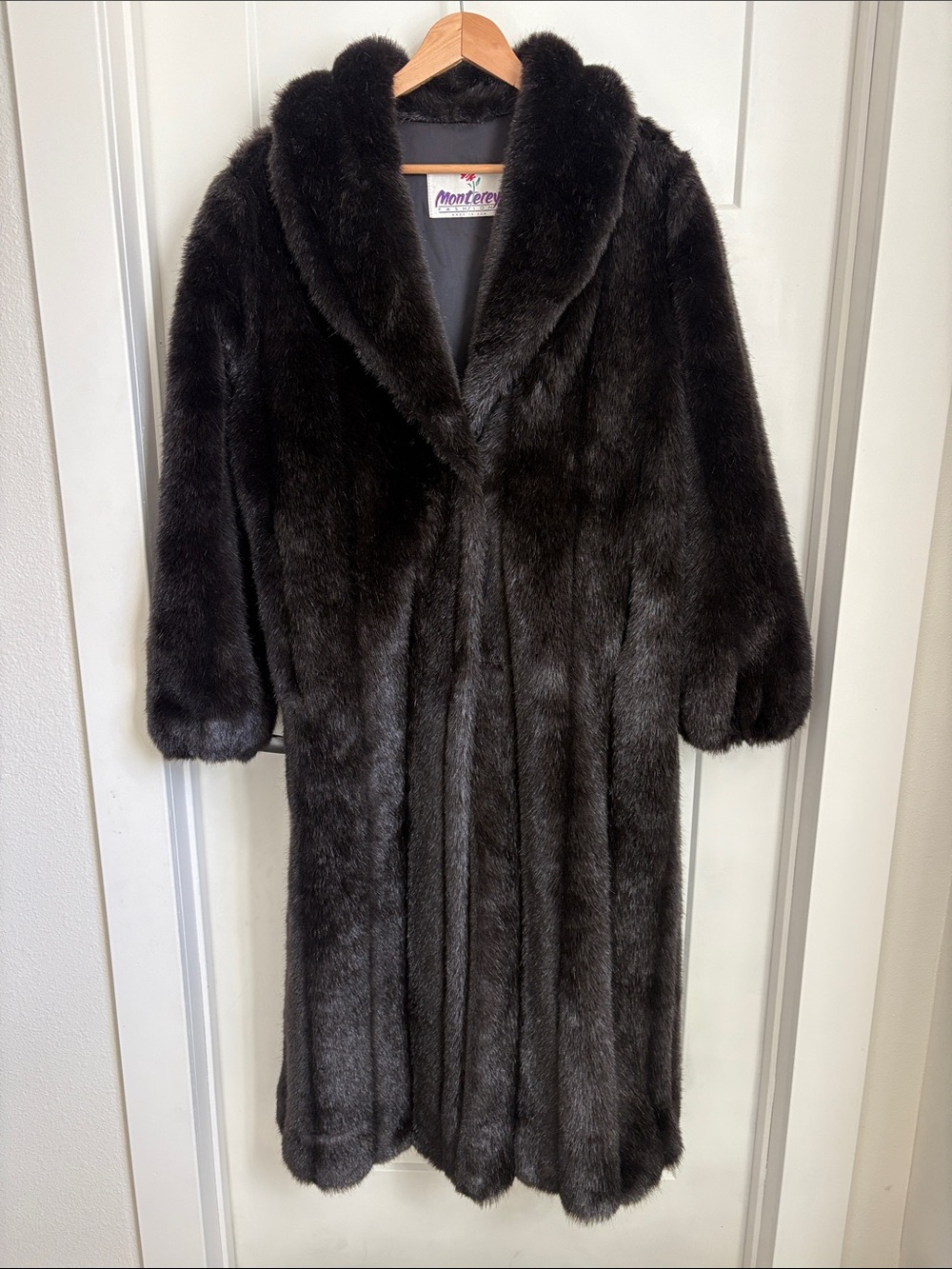 Vintage 80s Monterey Fashions Full Length Faux Fur Maxi Coat Black Size 12